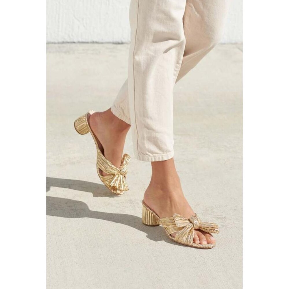 Loeffler Randall Gold Raffia Bow Block Heel Mules